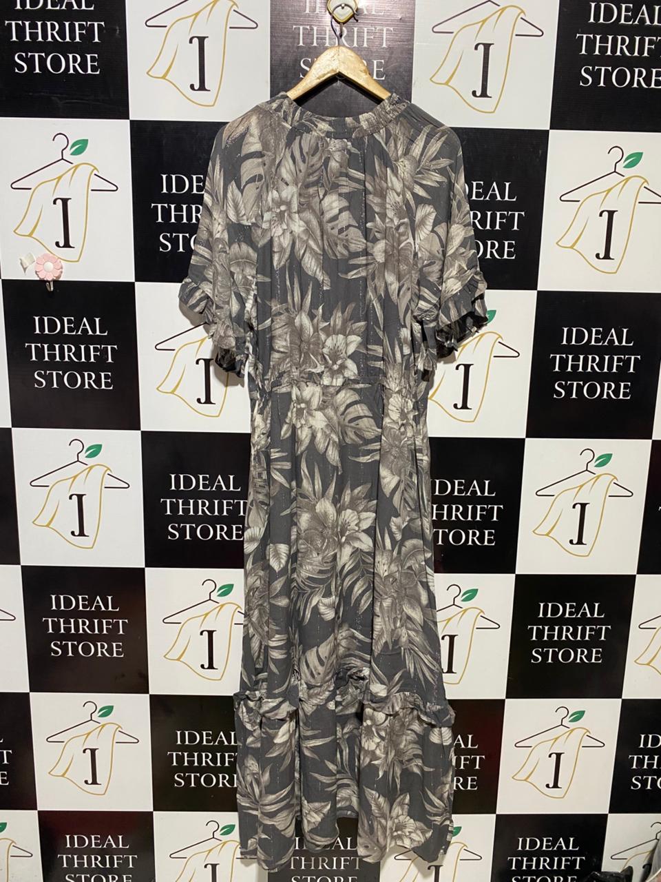 NEXT |L| BUST 22| B13| CHARCOAL GREY FLORAL METALLIC STRIPE MAXI DRESS