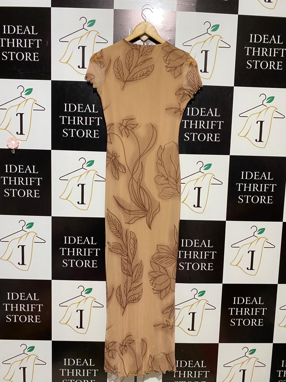 PRETTYLITTLE THING |M| BUST 15| B13| WOMEN’S NUDE MESH DRAGONFLY PRINT MAXI DRESS