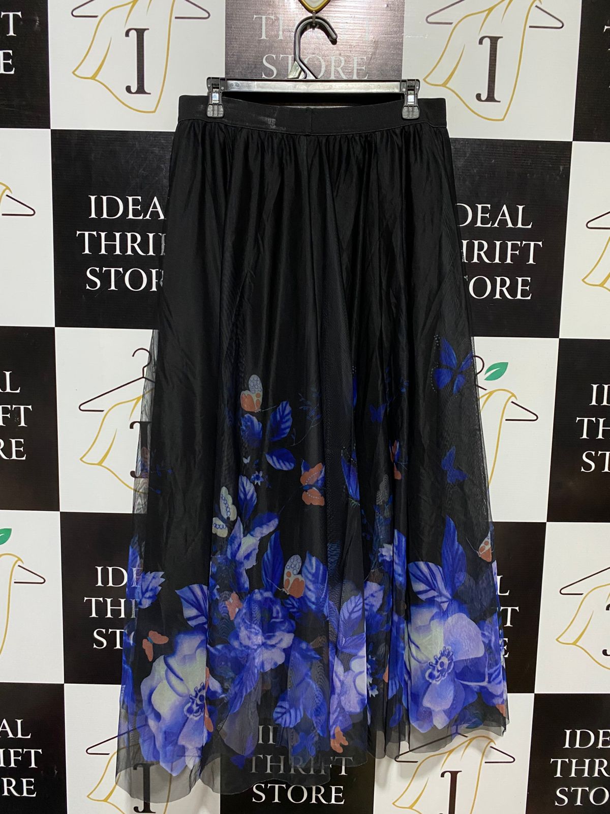 |XL| WAIST 32| B13| ELEGANT BLACK PLEATED MAXI SKIRT WITH VIBRANT BLUE FLORAL AND BUTTERFLY PRINT