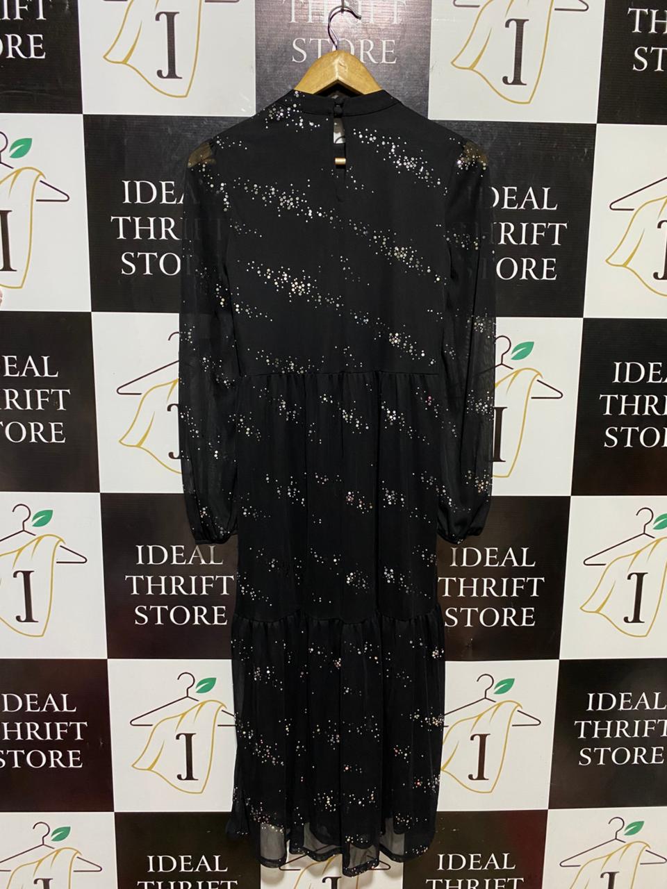 PRINCIPLES |M| BUST 16| B13| STUNNING BLACK SEQUIN GALAXY MIDAXI DRESS WITH SHEER PUFF SLEEVES