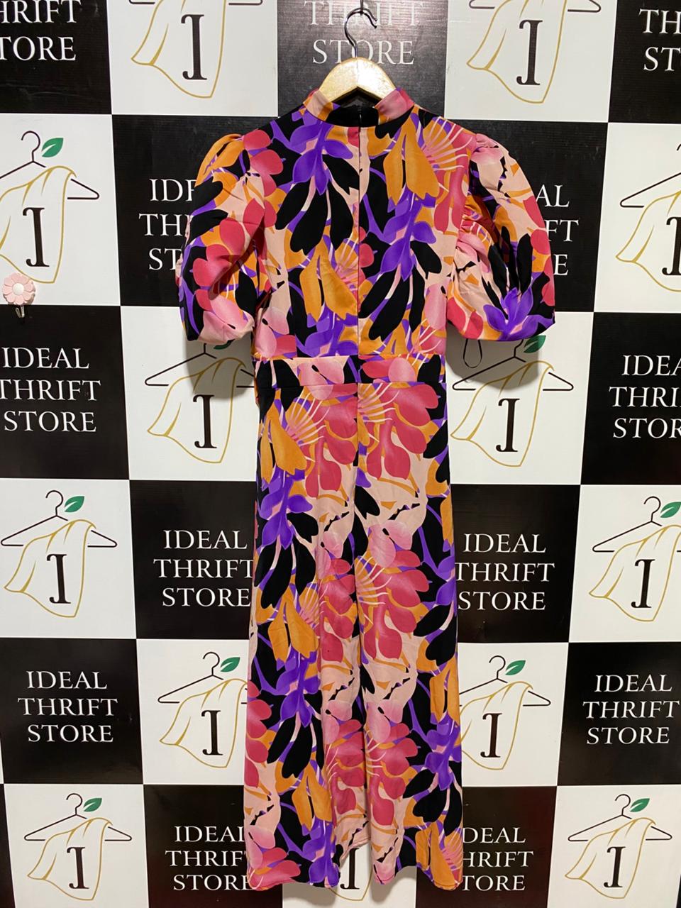 GIRL IN MIND |M| BUST 18| B13| VIBRANT MULTICOLOR FLORAL PRINT MAXI DRESS WITH PUFF SLEEVES AND WAIST TIE