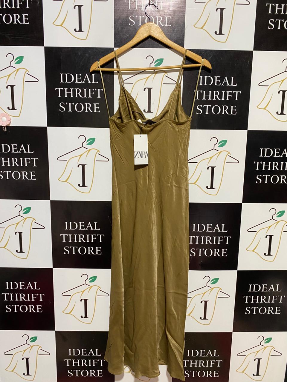 ZARA |S| BUST 15| B13| OLIVE SATIN COWL NECK SLIP DRESS