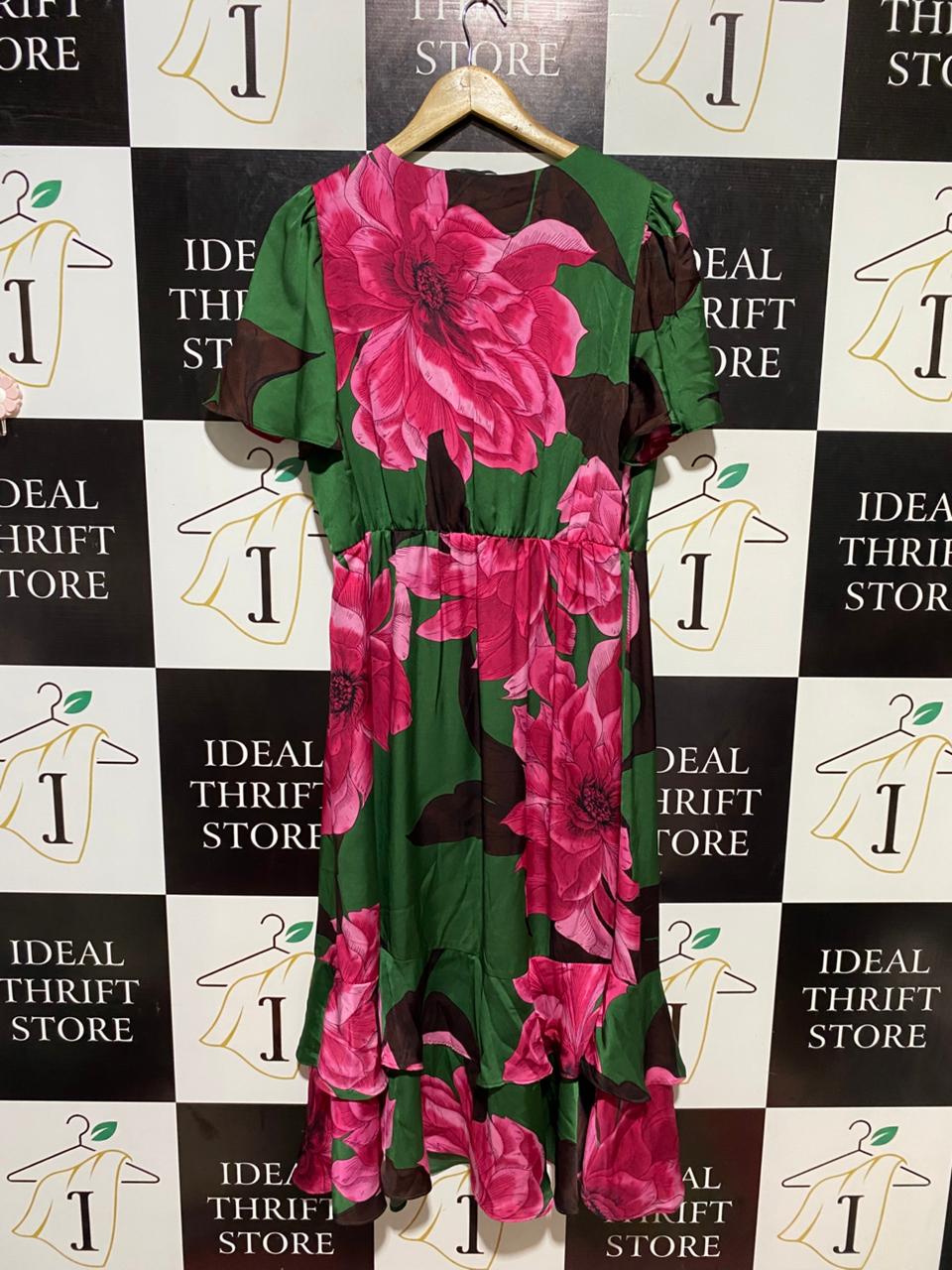 ET VOUS |L| BUST 21| B13| GREEN FLORAL PRINT SATIN WRAP DRESS