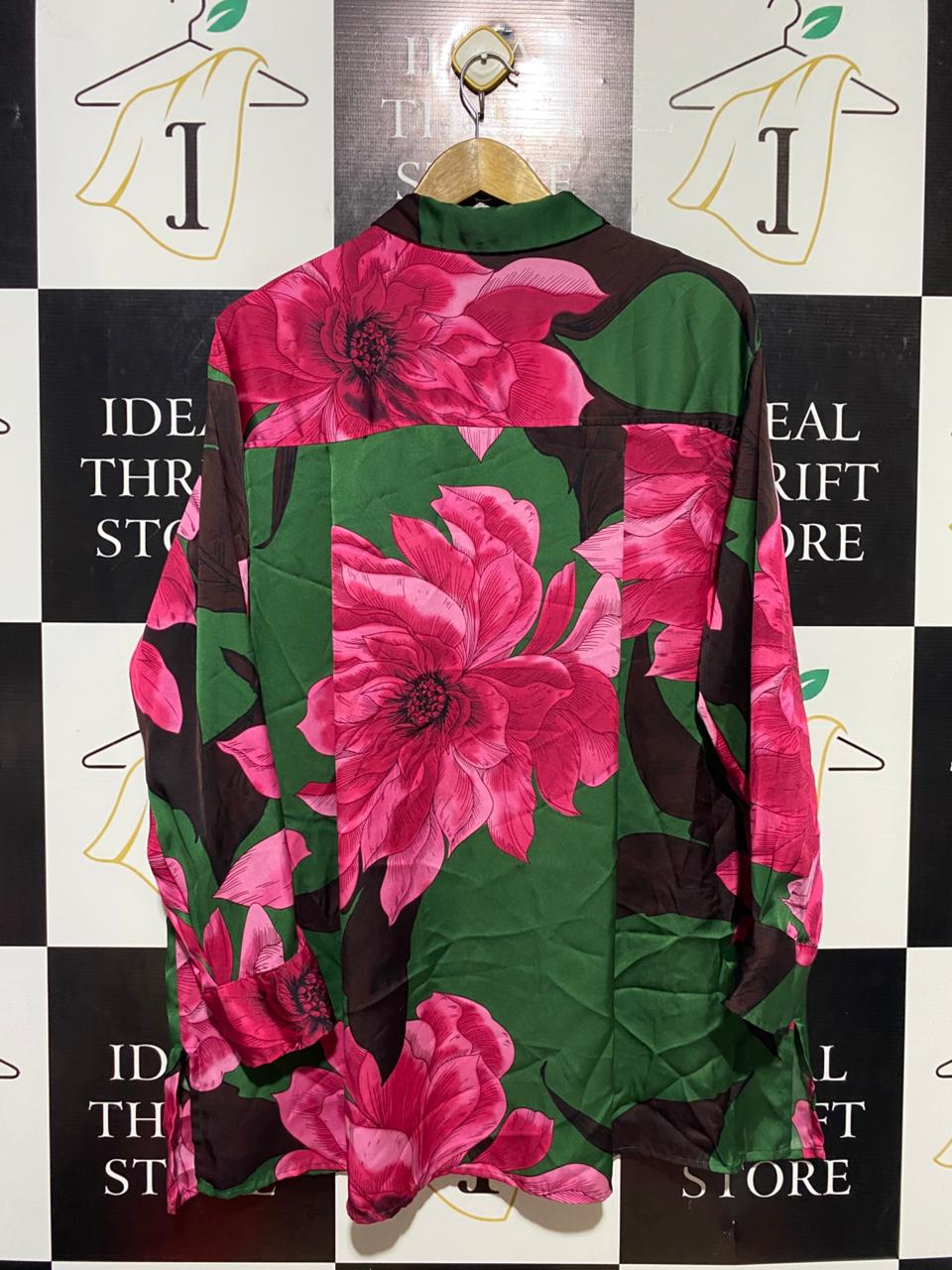 ET VOUS |XL| BUST 24| B13| VIBRANT PINK PEONY PRINT ON EMERALD GREEN SATIN FABRIC