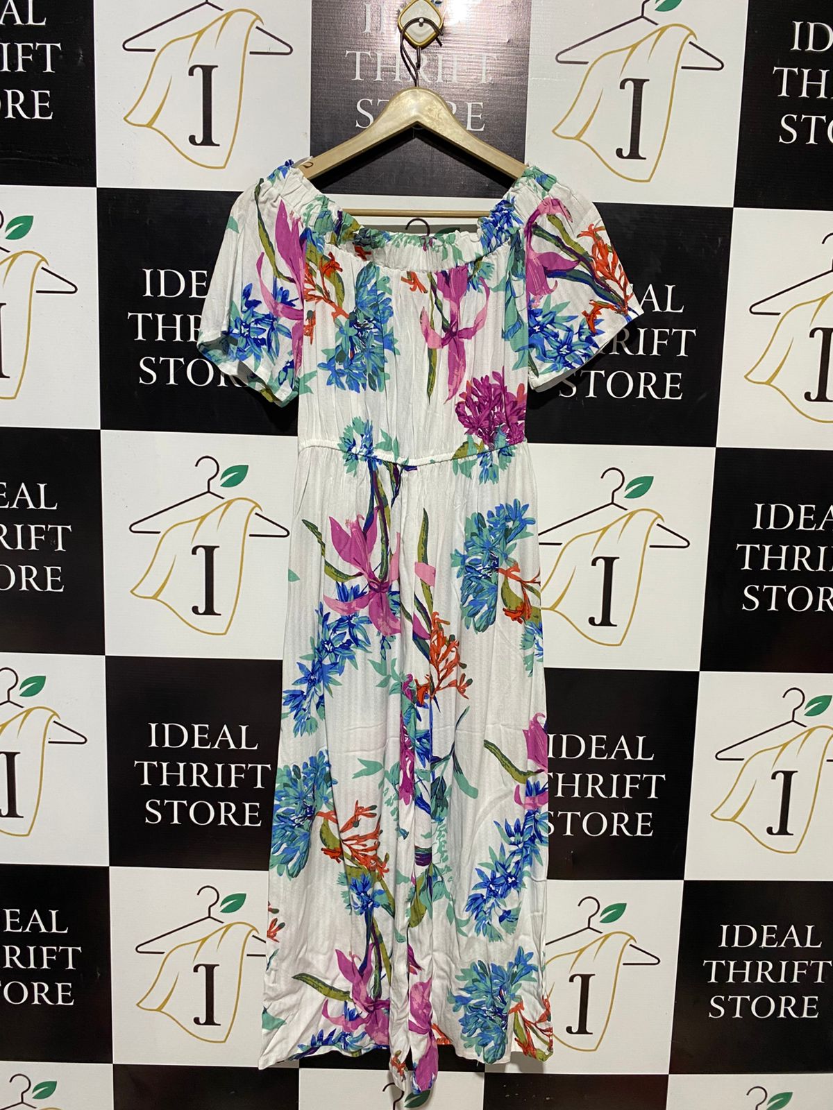 NEXT PETITE |S| BUST 14| B14| BOHEMIAN TROPICAL FLORAL OFF-SHOULDER MAXI JUMPSUIT