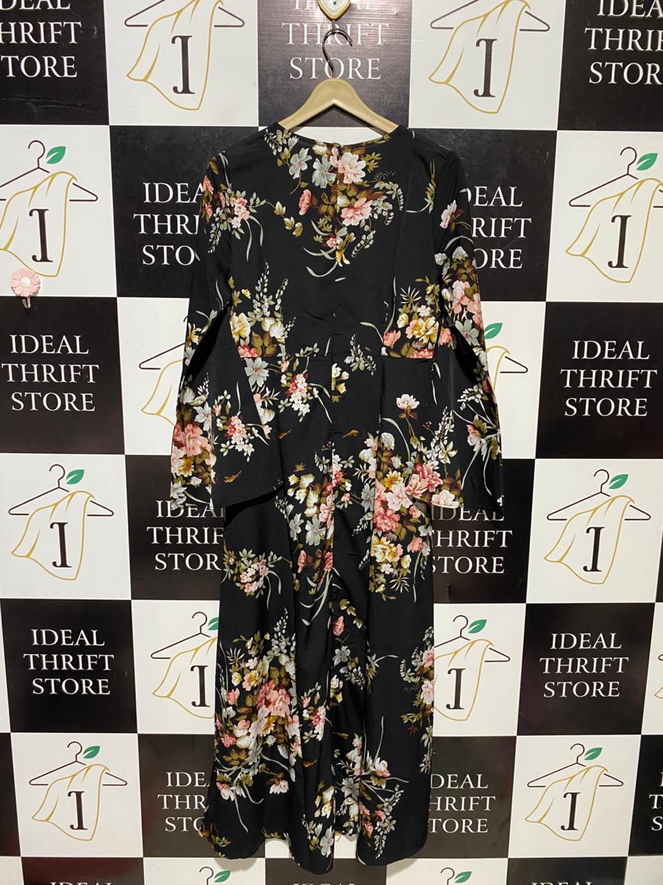 |M| BUST 18| B14| PREMIUM BLACK FLORAL PRINT LONG MAXI DRESS WITH BELL SLEEVES