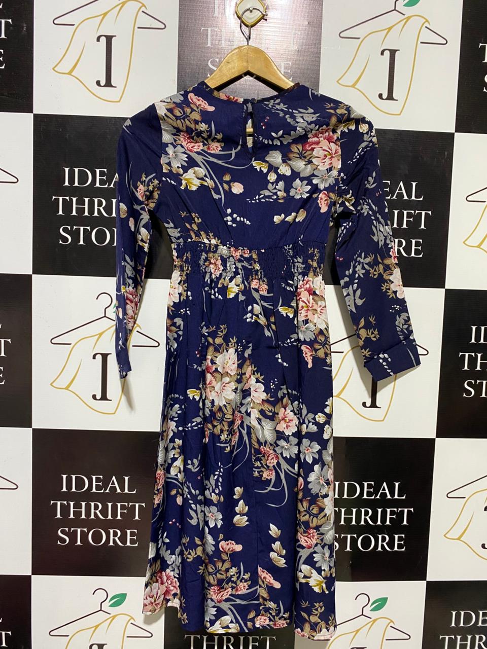 SHEIN |S| BUST 15| B15| NAVY BLUE FLORAL LONG SLEEVE MIDI DRESS