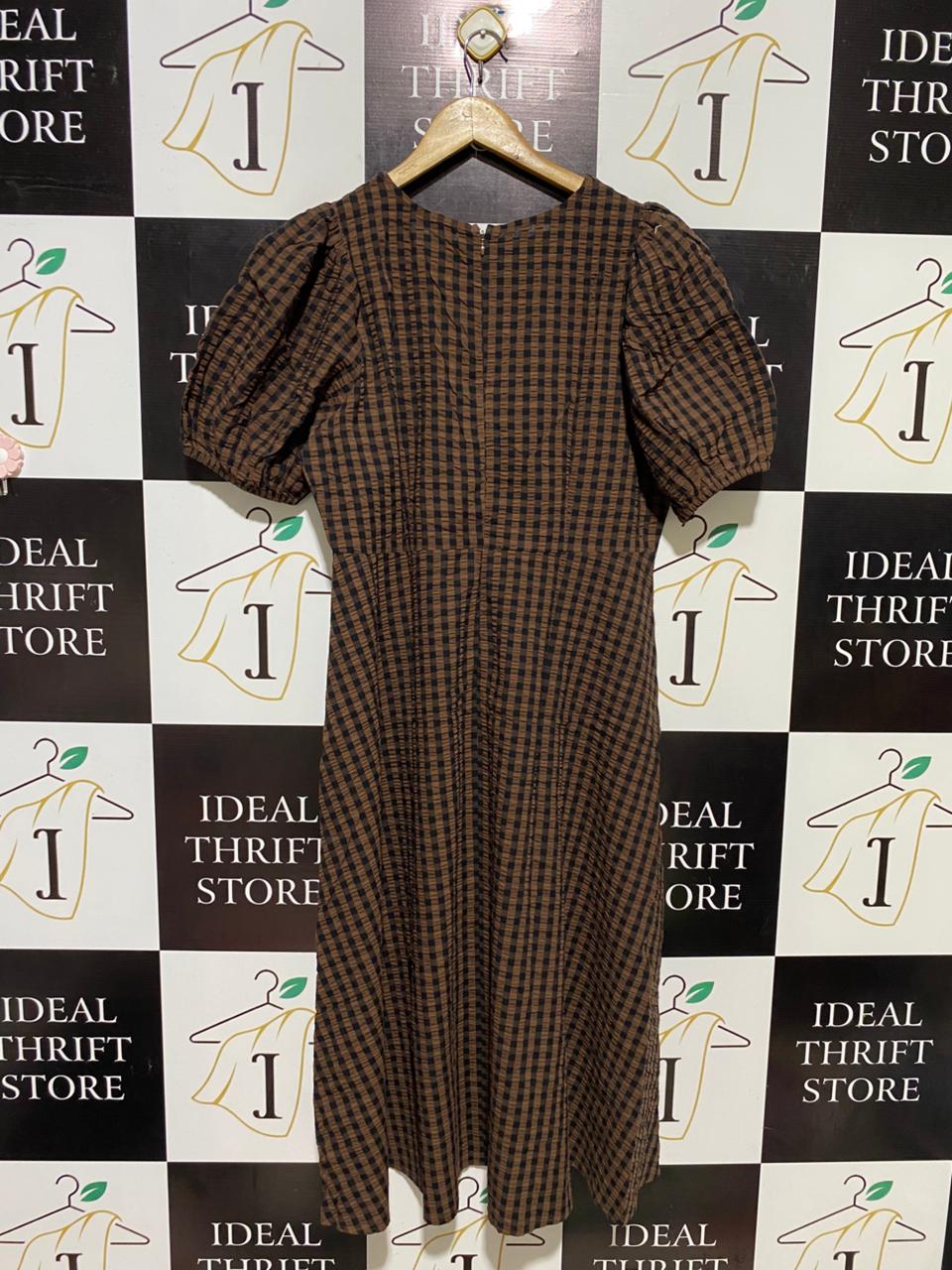 LILY LOVES |L| BUST 20| B15| VINTAGE GINGHAM CHECK MIDI DRESS – BROWN AND BLACK PLAID STYLE