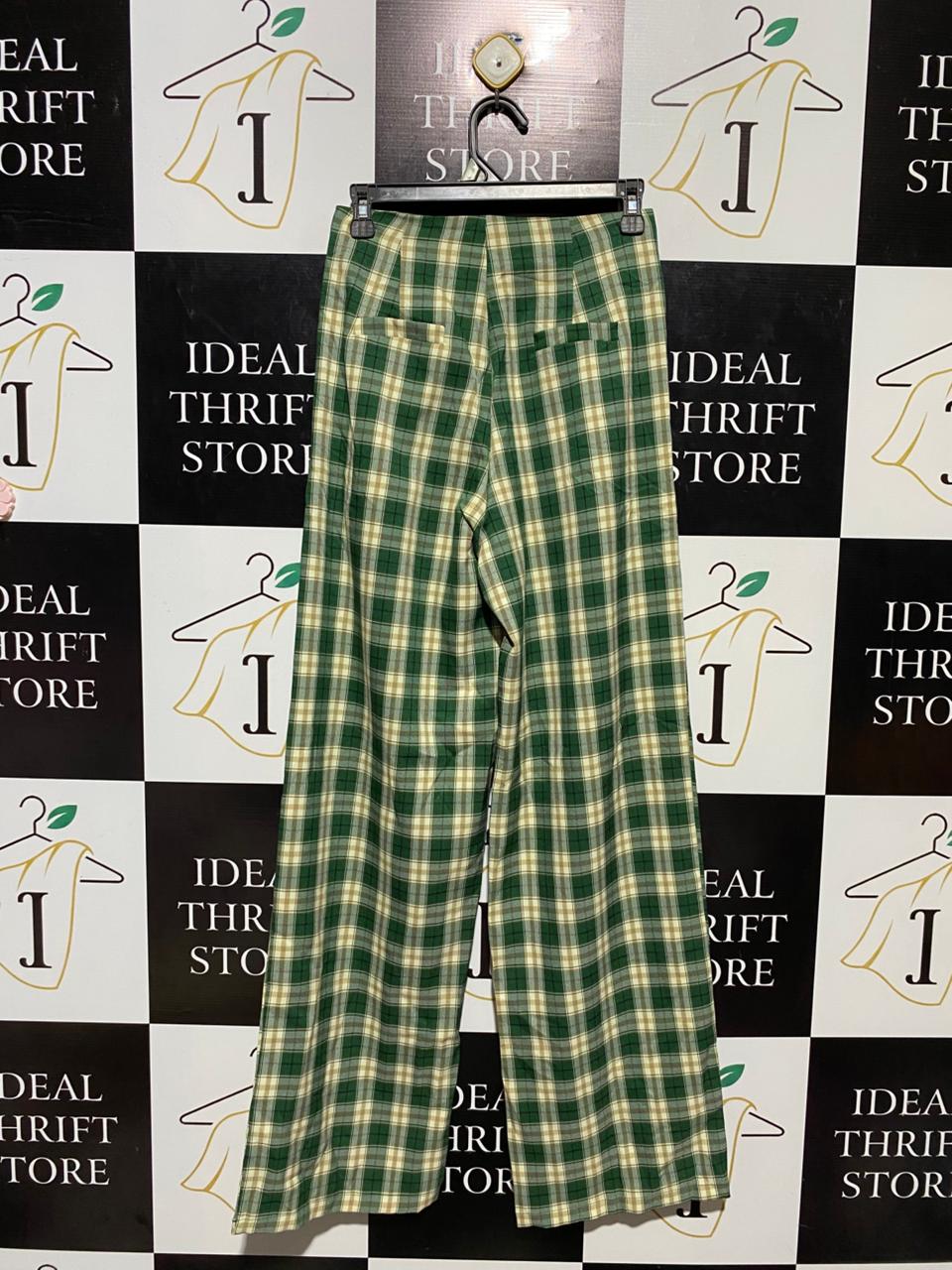 MR |S| WAIST 26| B15| VINTAGE GREEN PLAID HIGH-WAISTED WIDE-LEG TROUSERS