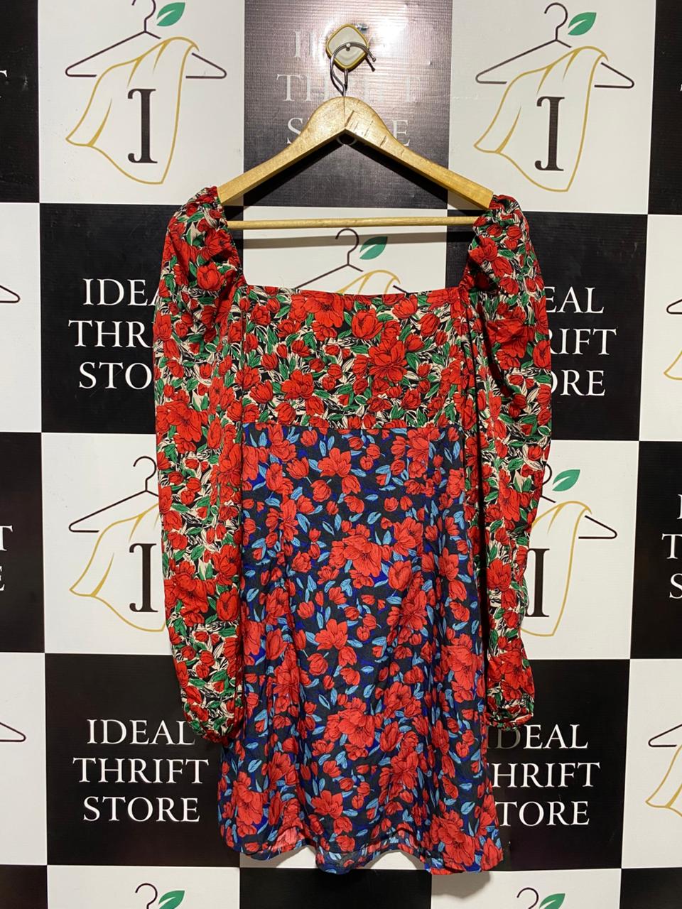 NASTY GAL |M| BUST 17| B15| BOLD RED FLORAL SQUARE NECK MINI DRESS