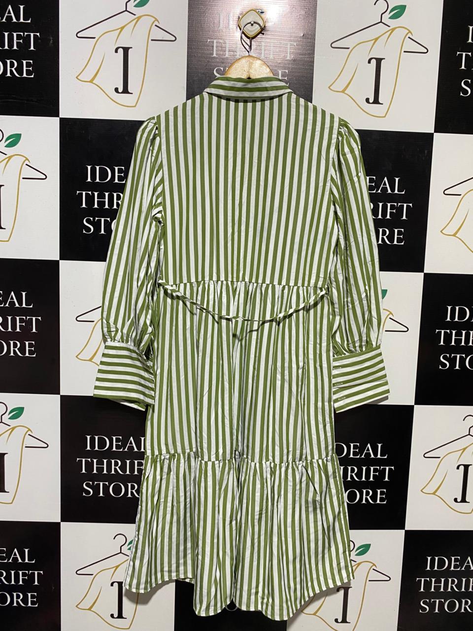 BOOHOO |M| BUST 17| B15| OLIVE GREEN & WHITE STRIPED TIERED SHIRT DRESS