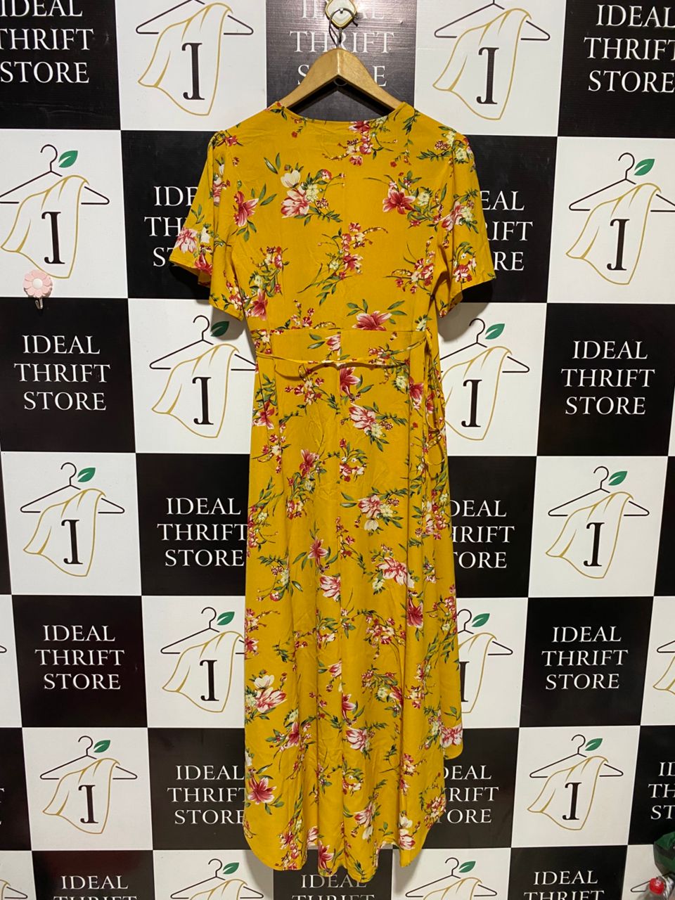 M |M| BUST 19| B15| MUSTARD YELLOW FLORAL HI-LOW WRAP DRESS
