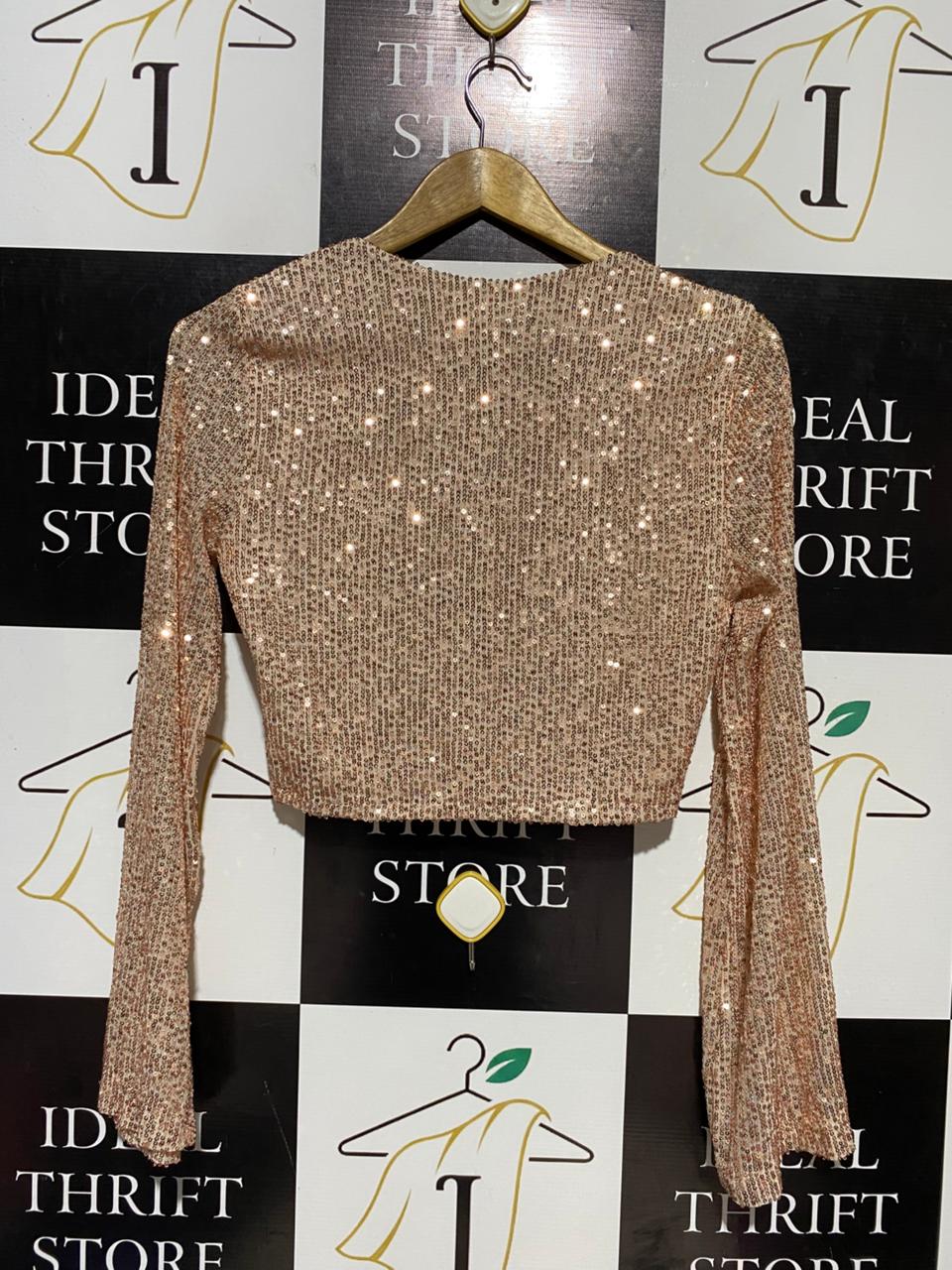|M| BUST 17| B16| ROSE GOLD SEQUIN LONG SLEEVE CROP TOP