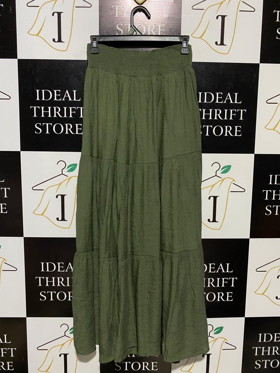 BLUE VANILLA |S| WAIST 26| B16| OLIVE GREEN TIERED BOHO MAXI SKIRT WITH SMOCKED WAIST