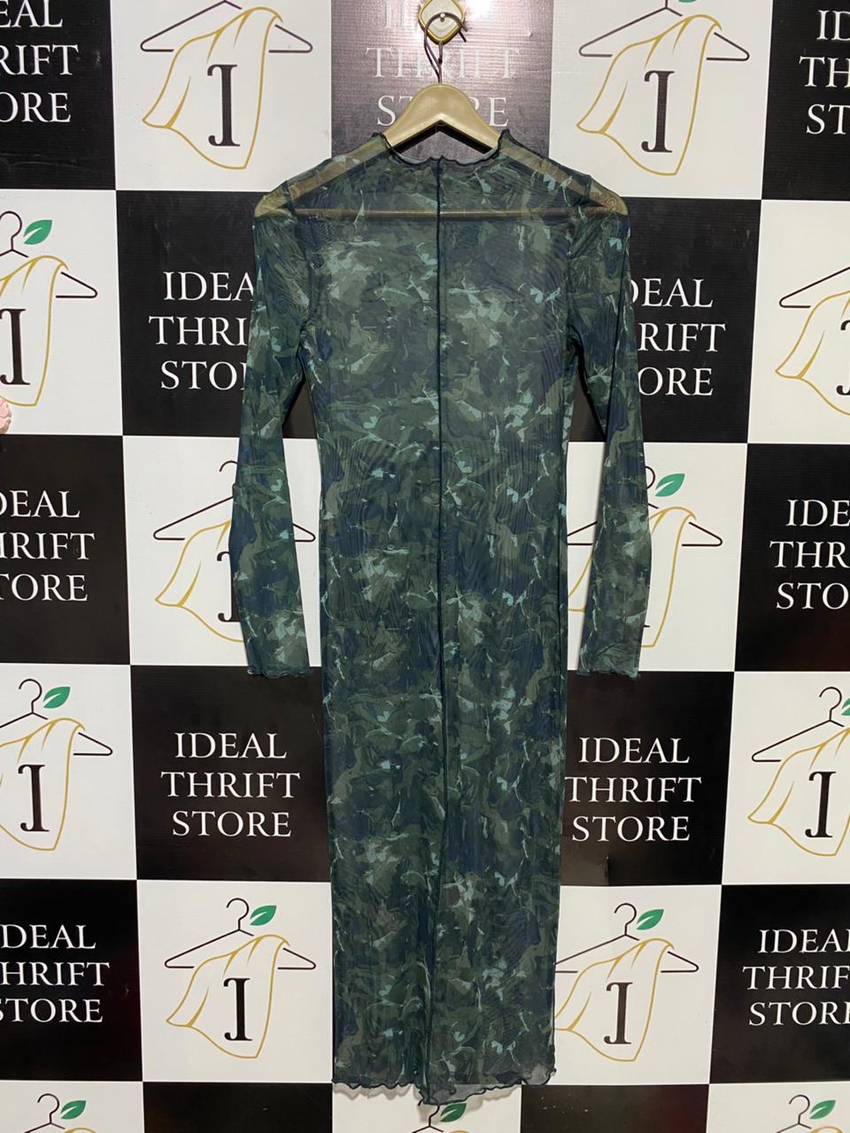 |S| BUST 15| B16| CAMO PRINT MESH MAXI DRESS WITH LETTUCE HEM