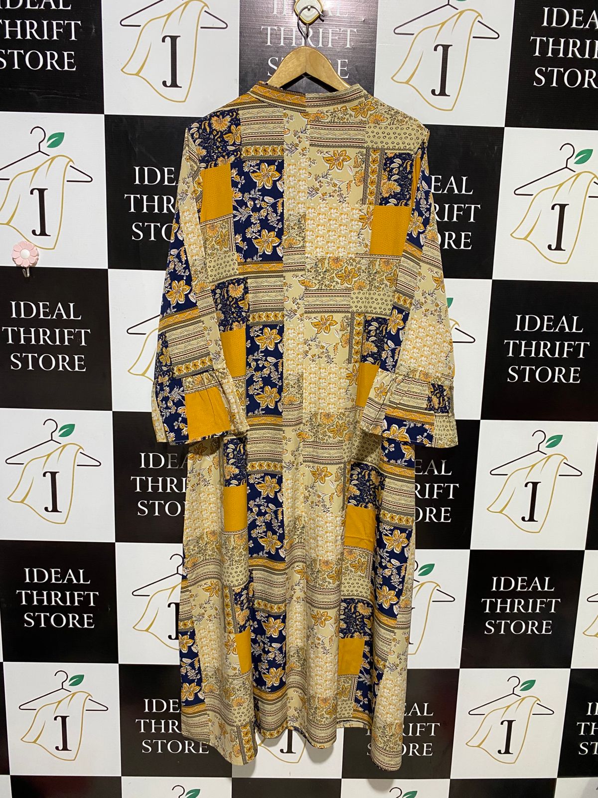 |XXL| BUST 26| B16| MUSTARD AND NAVY BOHEMIAN PATCHWORK PRINT MIDI KURTI DRESS