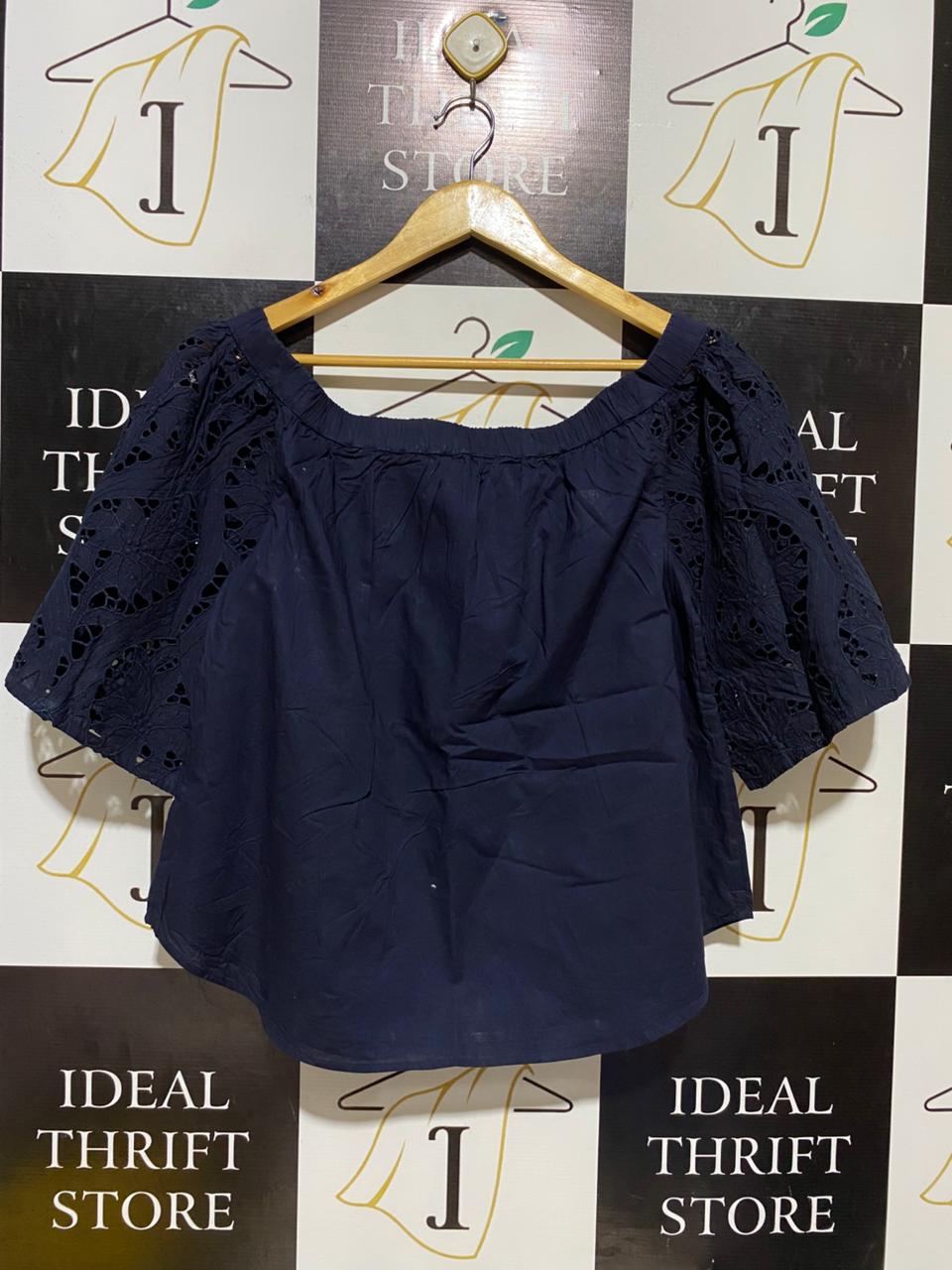 WITCHERY |L| BUST 18| B17| NAVY BLUE BRODERIE ANGLAISE OFF-SHOULDER TOP