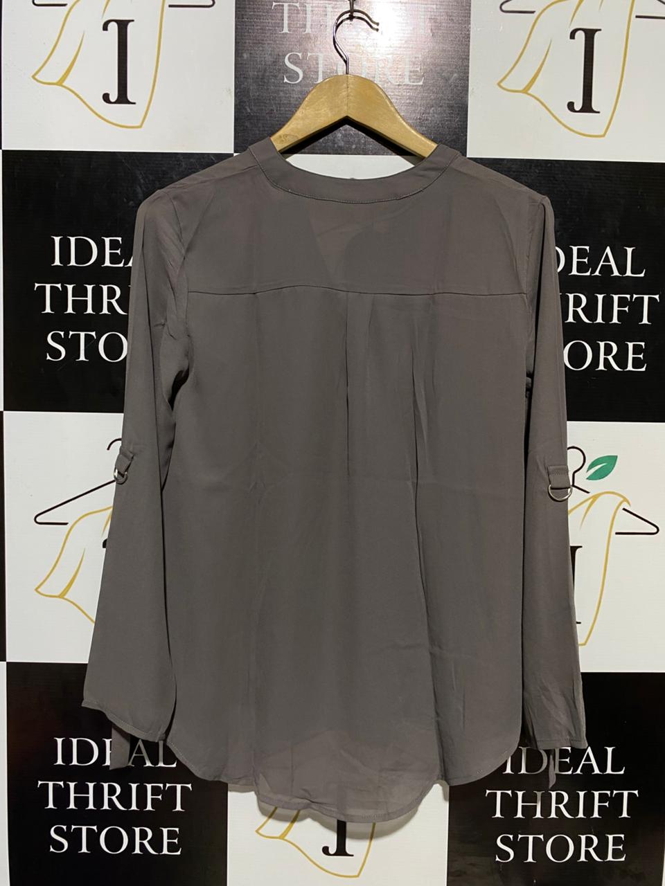 CLOCOLLOR |M| BUST 19| B19| V-NECK ROLL-TAB SLEEVE BLOUSE - TAUPE GREY