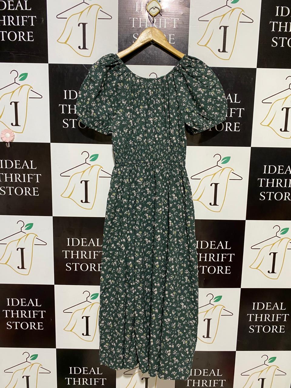 UNIQLO |XS| BUST 15| B19| DARK GREEN FLORAL PUFF SLEEVE MIDI DRESS