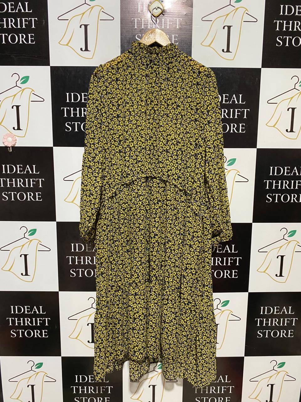 |XL| BUST 25| B19| YELLOW FLORAL DITSY PRINT HIGH NECK LONG SLEEVE TIERED MAXI DRESS