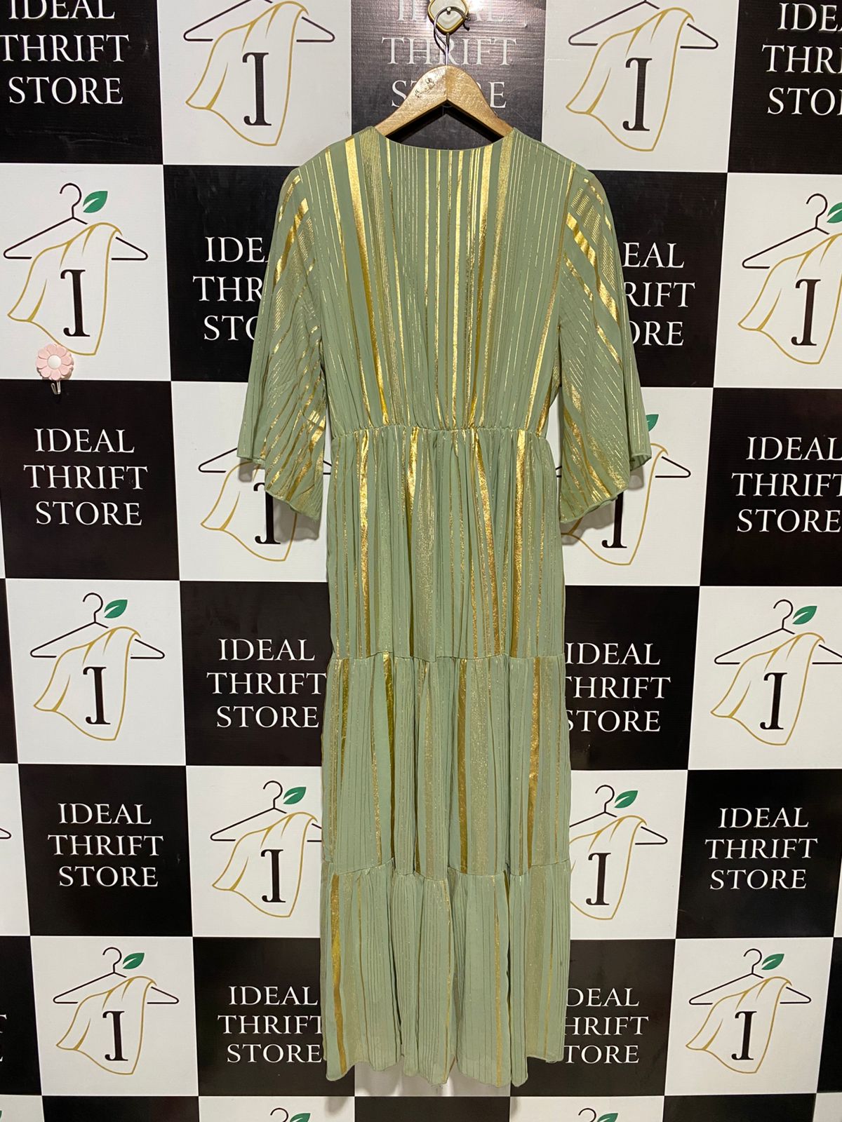 SHEIN |M| BUST 18| B19| V-NECK METALLIC GOLD STRIPE TIERED MAXI DRESS