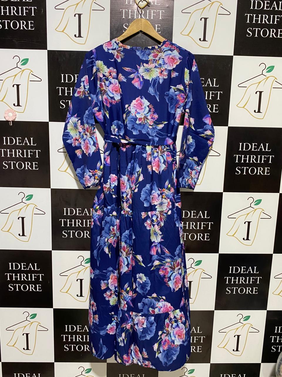 |L| BUST 19| B18| ELEGANT NAVY BLUE FLORAL TIERED MAXI DRESS WITH WAIST TIE