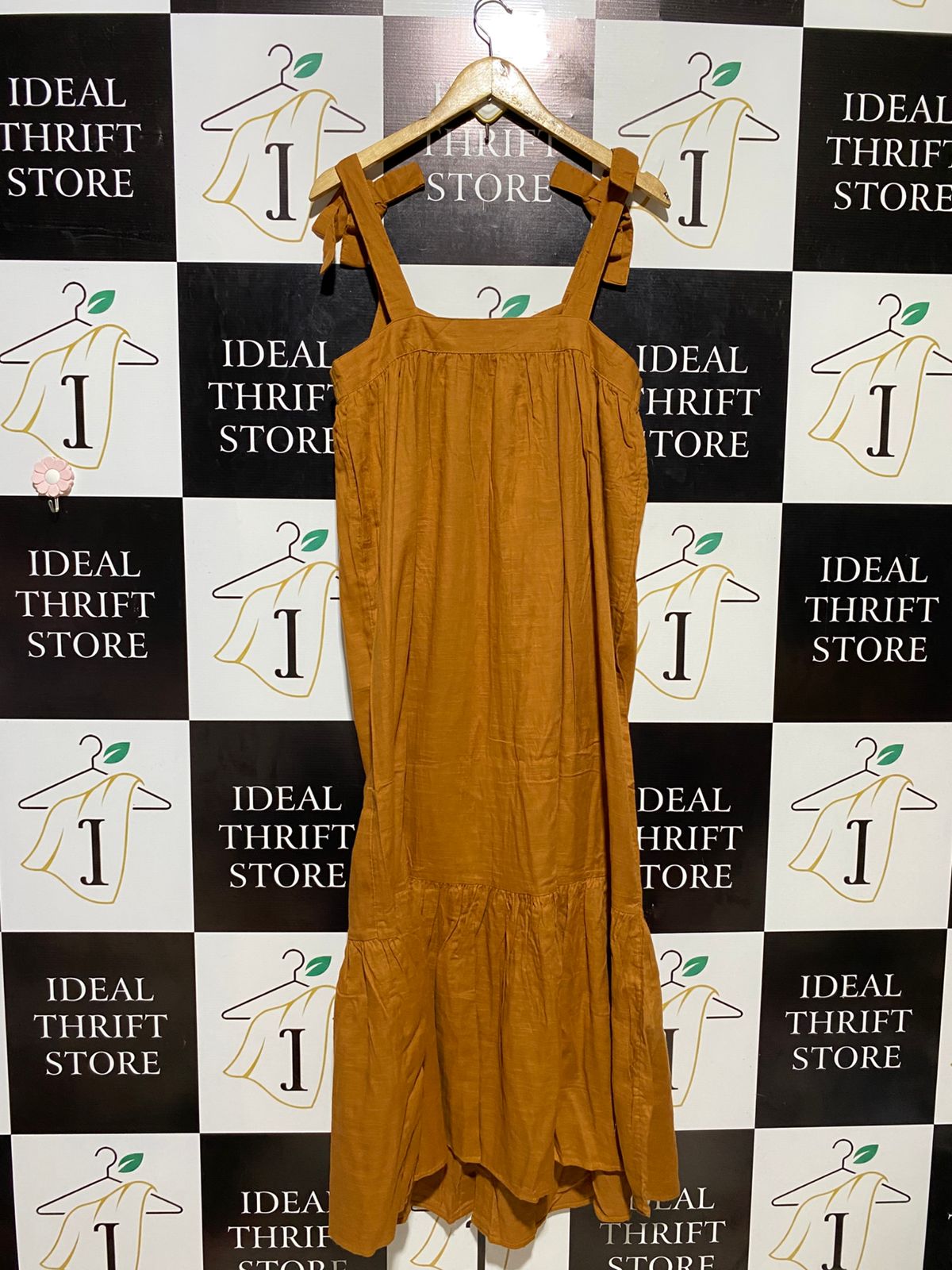 PRIMARK |L| BUST 19| B18| BOHO MUSTARD RUST BUTTON-DOWN MIDI DRESS WITH TIE-UP SHOULDER STRAPS