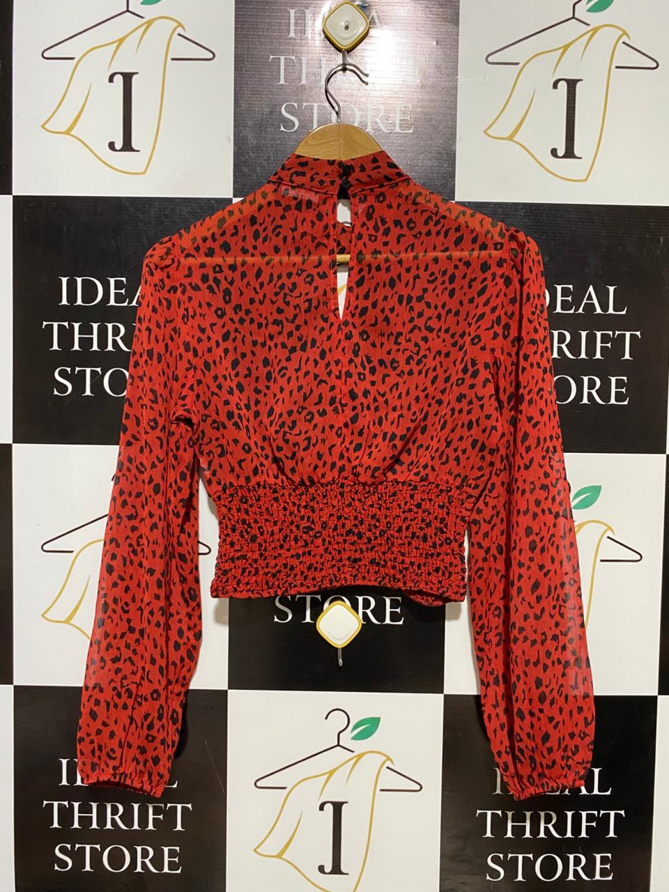 BERSHKA |M| BUST 17 | B20| RED LEOPARD PRINT SMOCKED WAIST BLOUSE