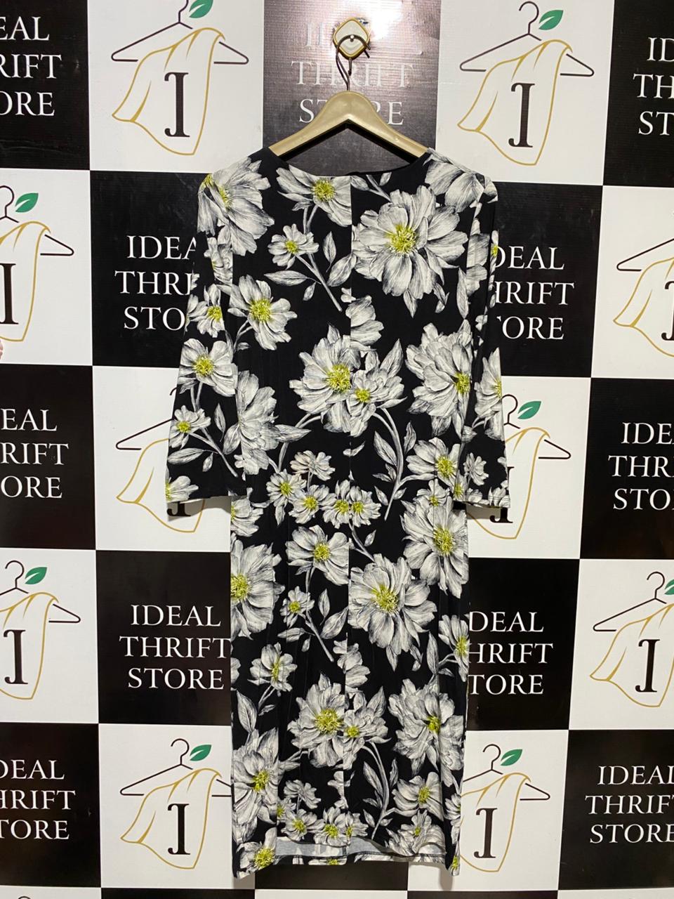 D L |L| BUST 19| B20| ELEGANT BLACK FLORAL RUCHE FRONT MIDI DRESS