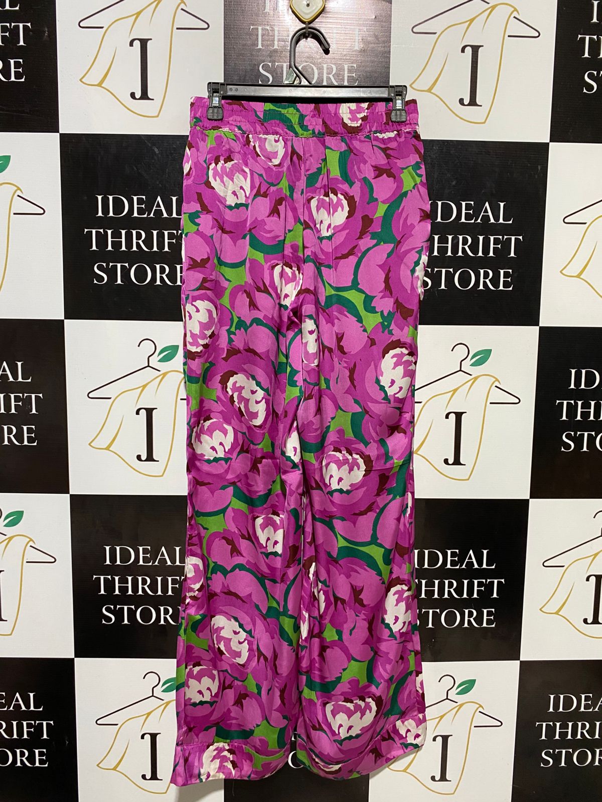 LEFTIES |S| BUST 27| B20| PINK AND GREEN FLORAL WIDE LEG SATIN PANTS