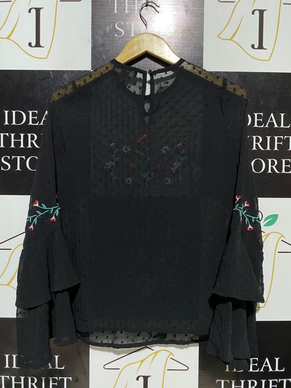PRIMARK |M| BUST 18| B20| BLACK EMBROIDERED SHEER BLOUSE WITH LAYERED BELL SLEEVES
