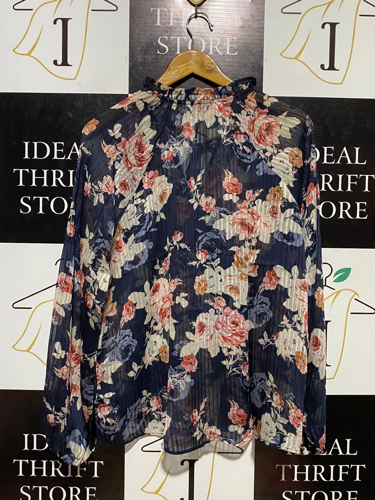 WOMAN |XL| BUST 22| B21| WOMAN NAVY FLORAL METALLIC STRIPE TIE-NECK BLOUSE