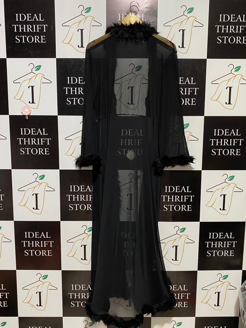 BOOHOO |M| BUST 19| B21| BLACK SHEER MESH MAXI ROBE WITH GLAMOROUS FAUX FUR TRIMMING