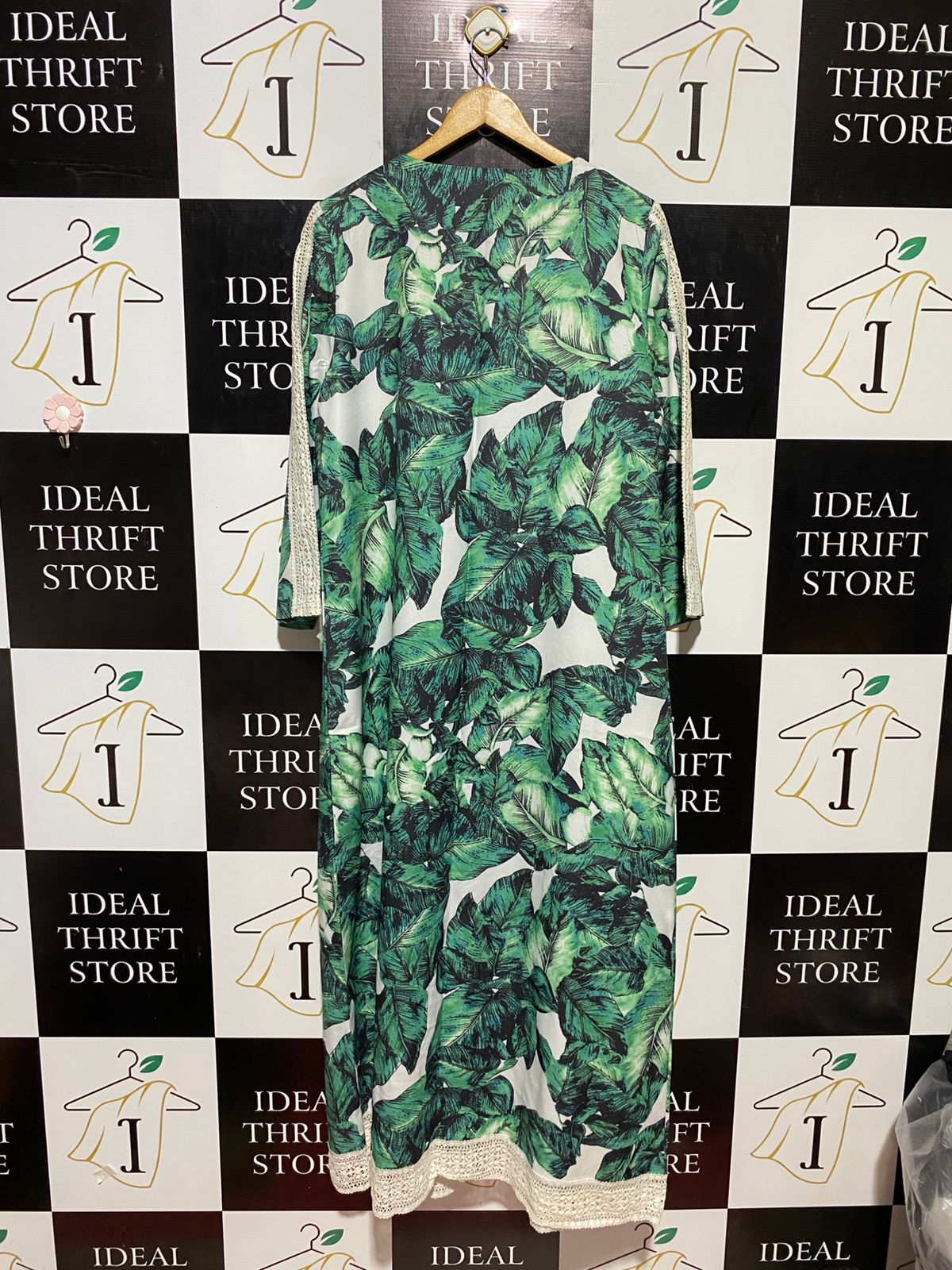 JAPONICA |XL| BUST 21| C2| TROPICAL LEAF PRINT LONG KIMOΝΟ WITH LACE TRIM