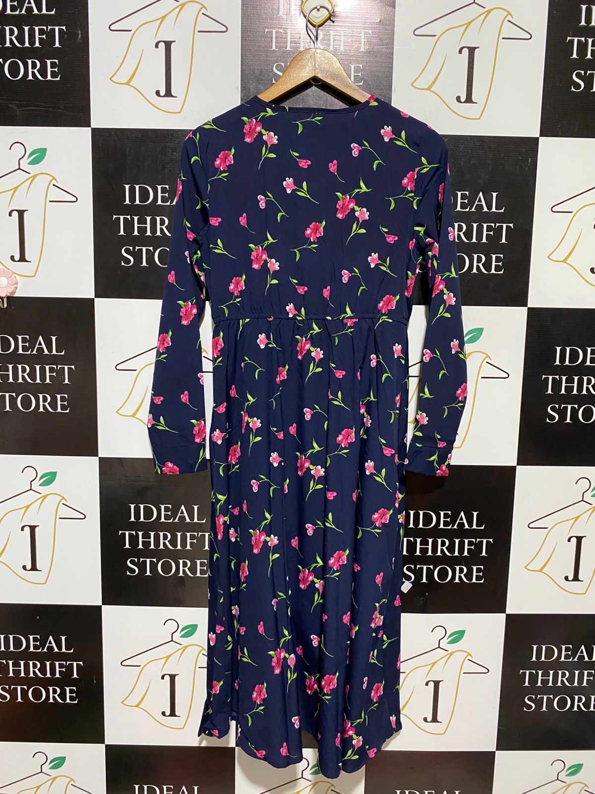 BOOHOO |M| BUST 17| B22| NAVY BLUE FLORAL WRAP MIDI DRESS WITH RUFFLE TRIM