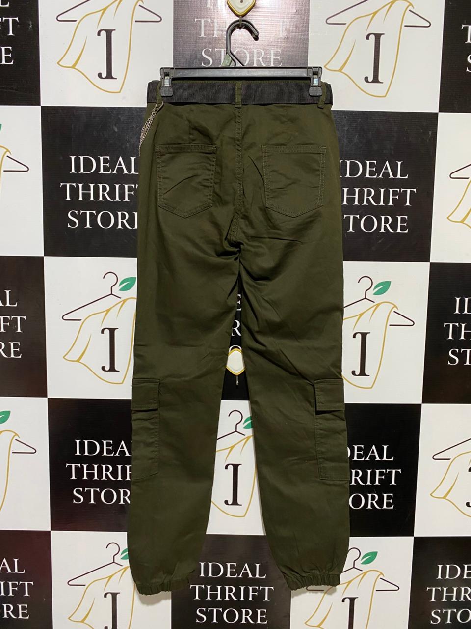 |S| WAIST 27| B21| WOMEN'S OLIVE GREEN UTILITY CARGO JOGGERS WITH BELT AND CHAIN