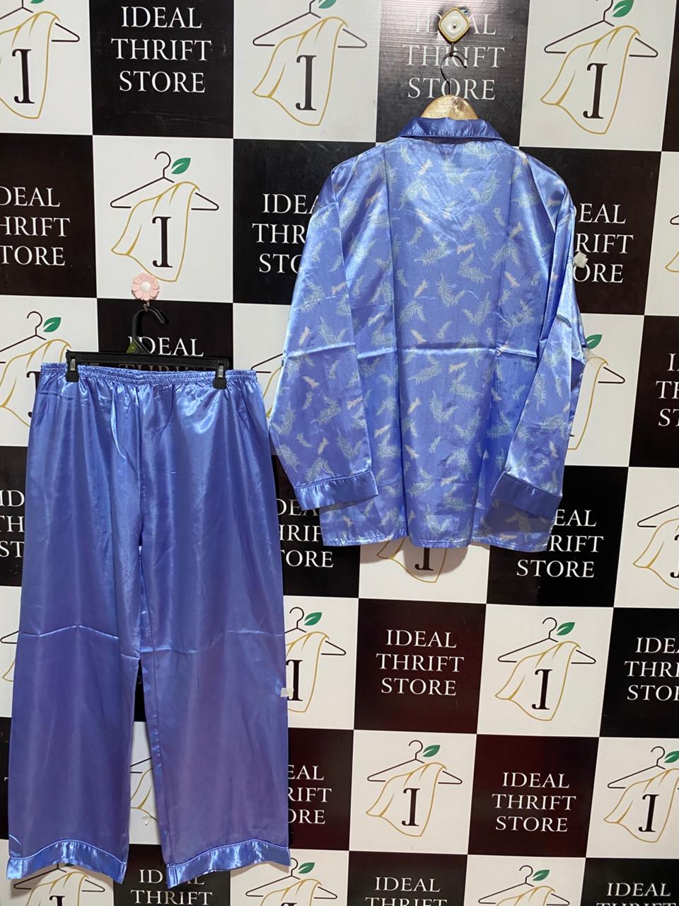 WHISPER | XL| B22| LUXE BLUE SATIN FEATHER PRINT PAJAMA SET