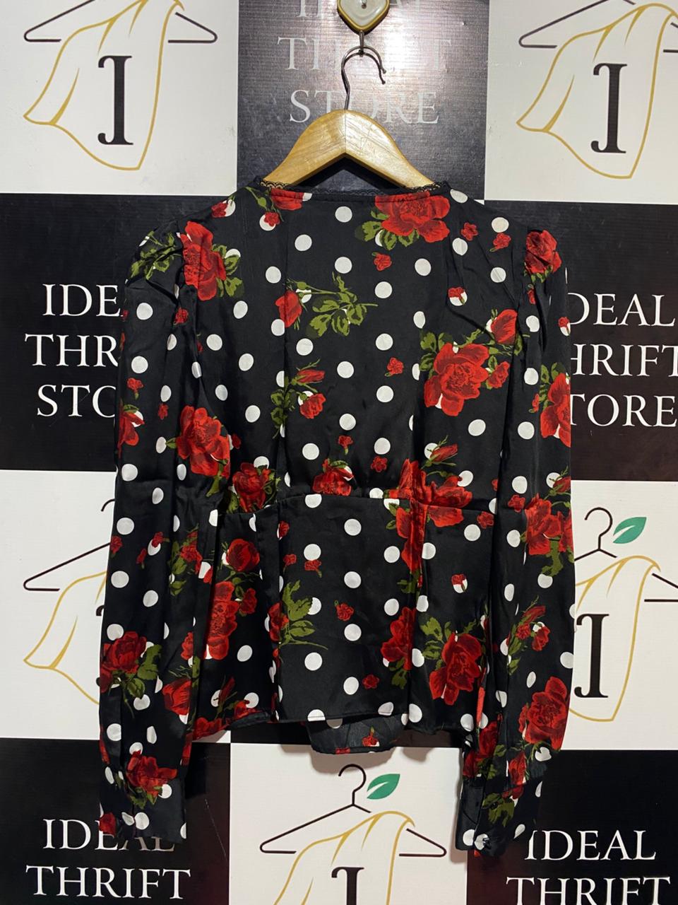 ZARA |L| BUST 19| B22| BLACK FLORAL & POLKA DOT V-NECK BLOUSE