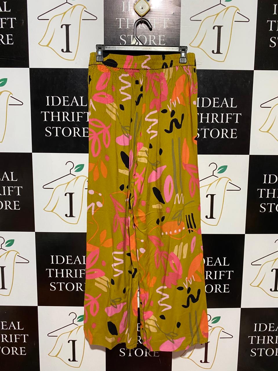 LABEL OF LOVE |M| WAIST 28| B22| WOMEN'S ABSTRACT TROPICAL PRINT WIDE-LEG TROUSERS