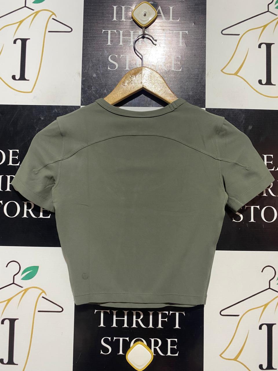 LULULEMON |S| BUST 14| ASYMMETRICAL CUT-OUT CROPPED T-SHIRT IN SAGE GREEN