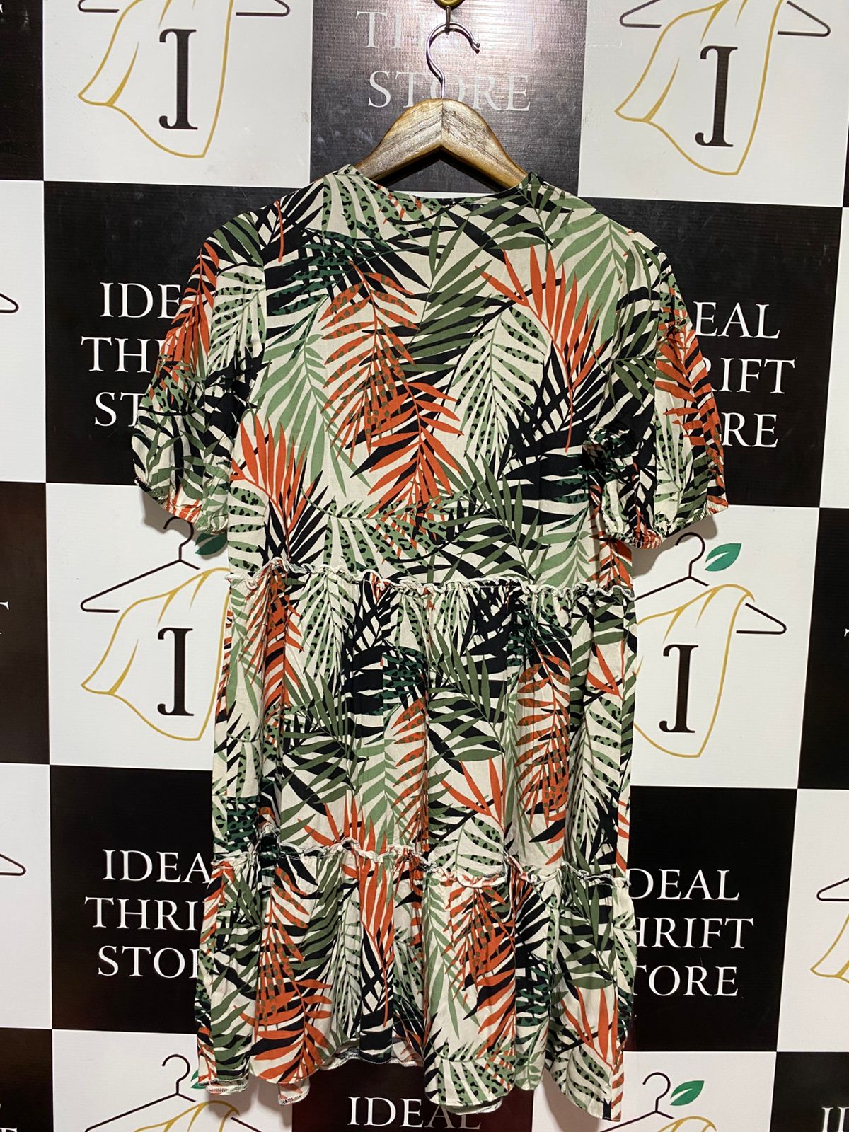 PRIMARK CARES |M| BUST 18| B23| TROPICAL PALM LEAF TIERED MINI DRESS