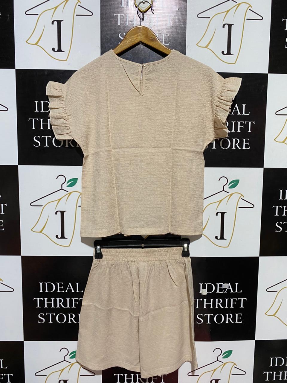 SHEIN |XS| B23| CHIC BEIGE TEXTURED RUFFLE SLEEVE TWO-PIECE SET