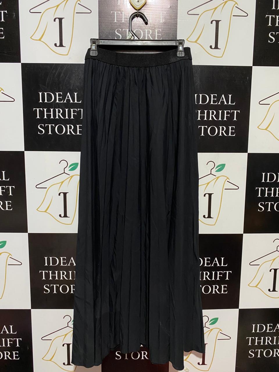 REFKA |L| WAIST 29| B24| PREMIUM JET BLACK PLEATED MAXI SKIRT - ELEGANT FLOWING A-LINE APPAREL