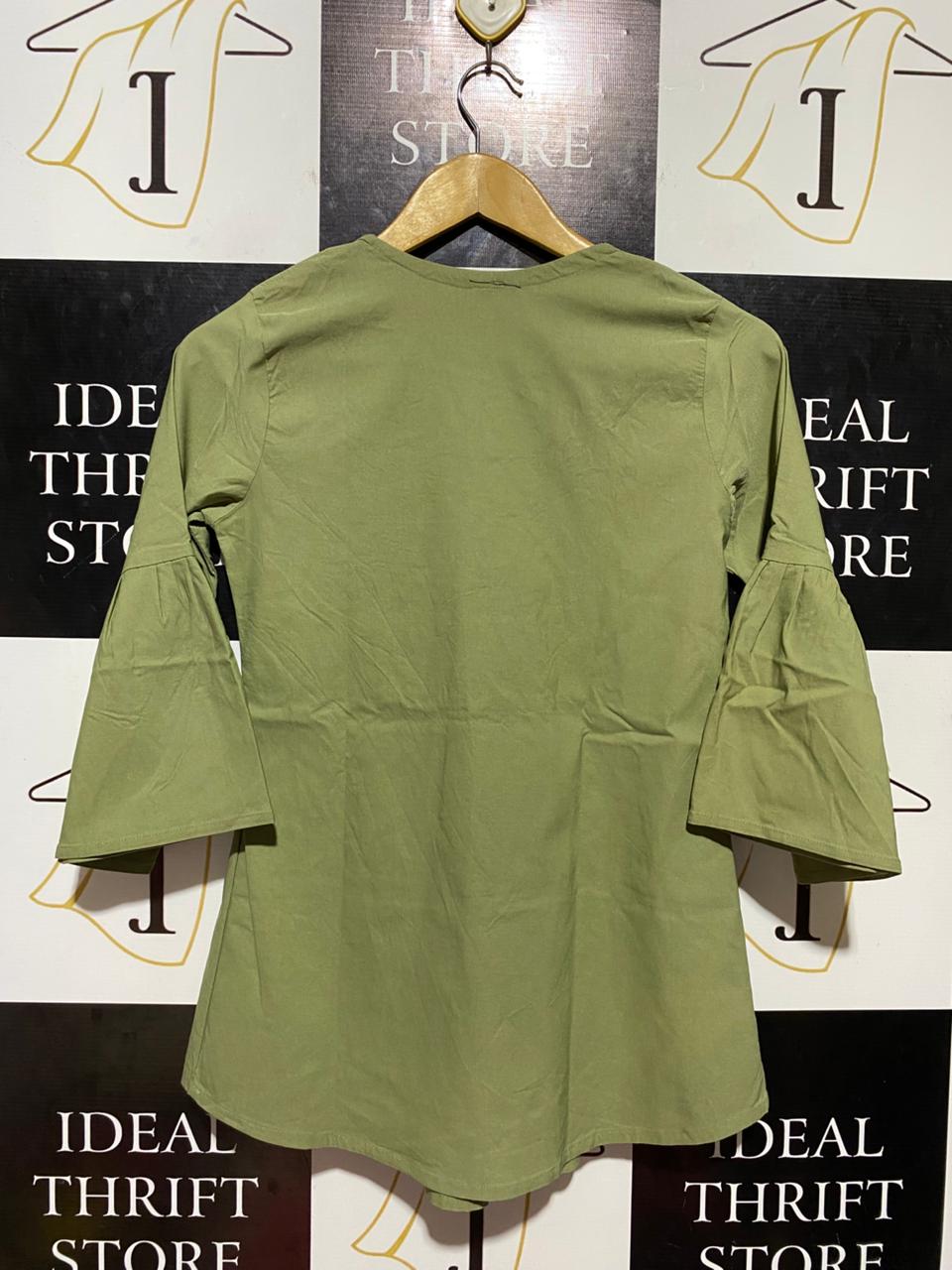 HODGEPODGE |S| BUST 16| B23| PREMIUM OLIVE GREEN EMBROIDERED TUNIC TOP - BELL SLEEVE BOHEMIAN BLOUSE
