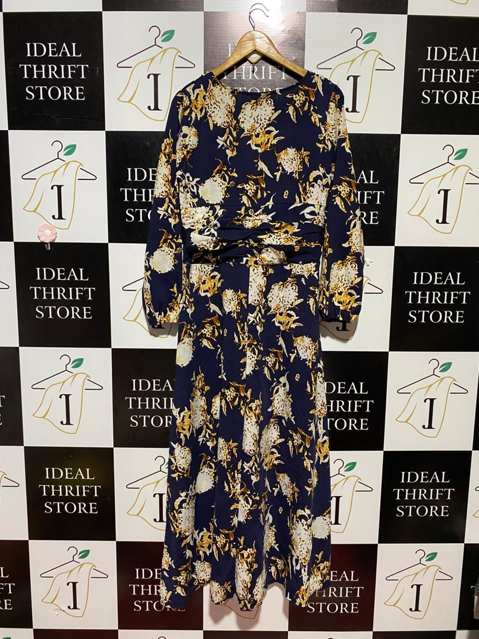 |M| BUST 17| B23| ELEGANT NAVY FLORAL MAXI DRESS - V-NECK LONG SLEEVE BOHEMIAN GOWN