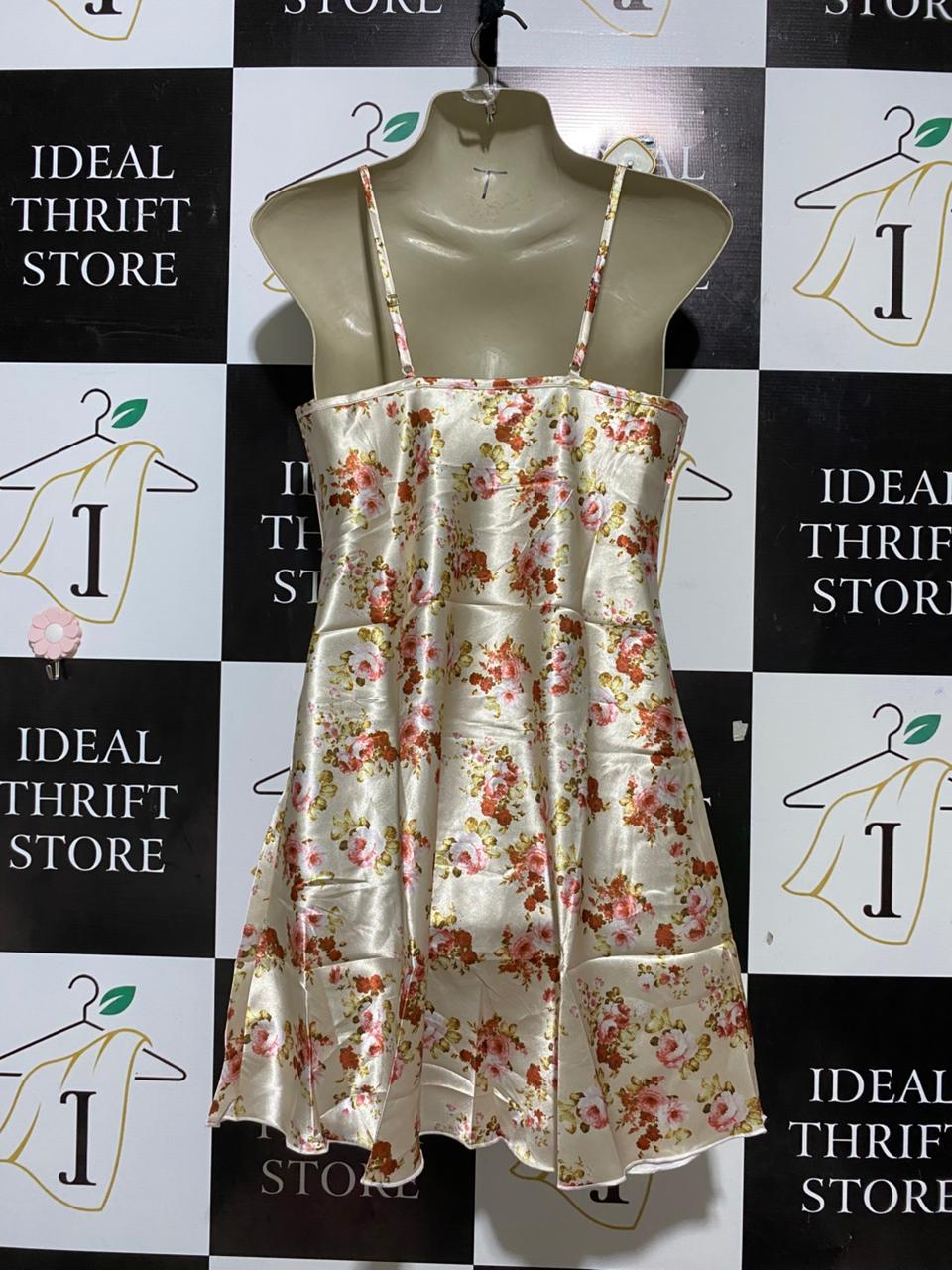 |M| BUST 18| B25| WOMEN'S LUXURY CHAMPAGNE SATIN FLORAL PRINT SLIP DRESS