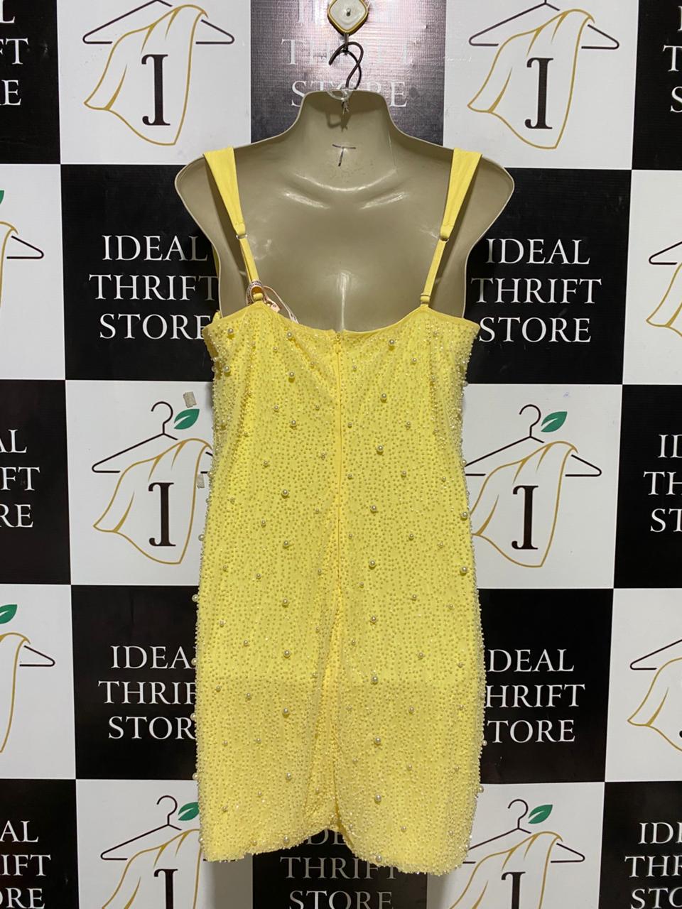 OH POLLY |M| BUST 19| B25| LUXURY PEARL-EMBELLISHED COCKTAIL DRESS - VIBRANT YELLOW CUT-OUT DESIGN