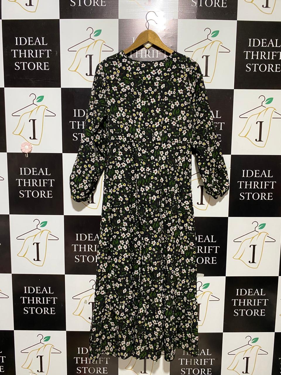 |XL| BUST 22| B25| ELEGANT FLORAL PRINT LONG-SLEEVE MIDI DRESS - BLACK/DAISY
