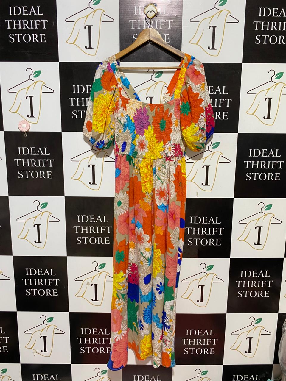 ST FROCK |M| BUST 17| B26| TREE VIBRANT FLORAL V-NECK MAXI DRESS