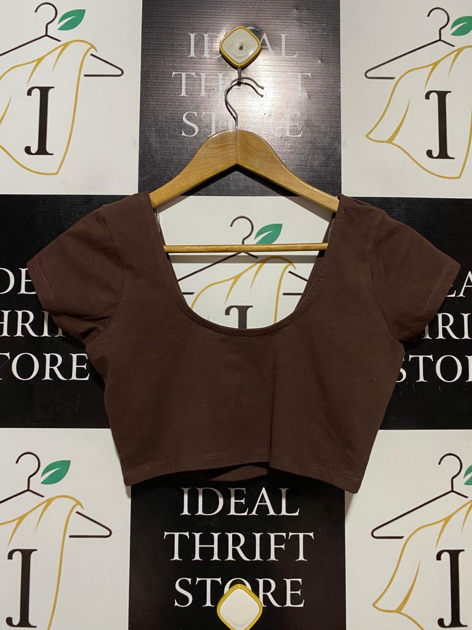 SUPRE |M| BUST 15| B27| WOMEN'S PREMIUM SOLID BROWN CROP TOP – DEEP SCOOP NECK SHORT SLEEVE BASIC TEE